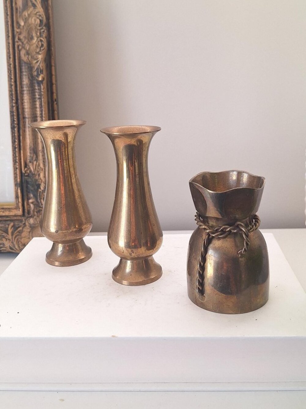 3 Vintage Brass bud vases set small vase / money change bag sack rope